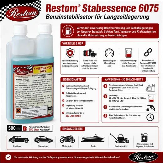 Stabilisator für Benzin & Schutz gegen Tankablagerung (Restom® Stabessence 6075)